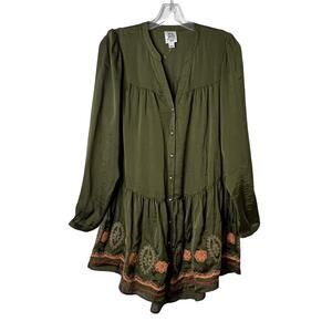 Ivy Jane Long Sleeve Embroidered Button Front Tunic Top Green Womens XS
